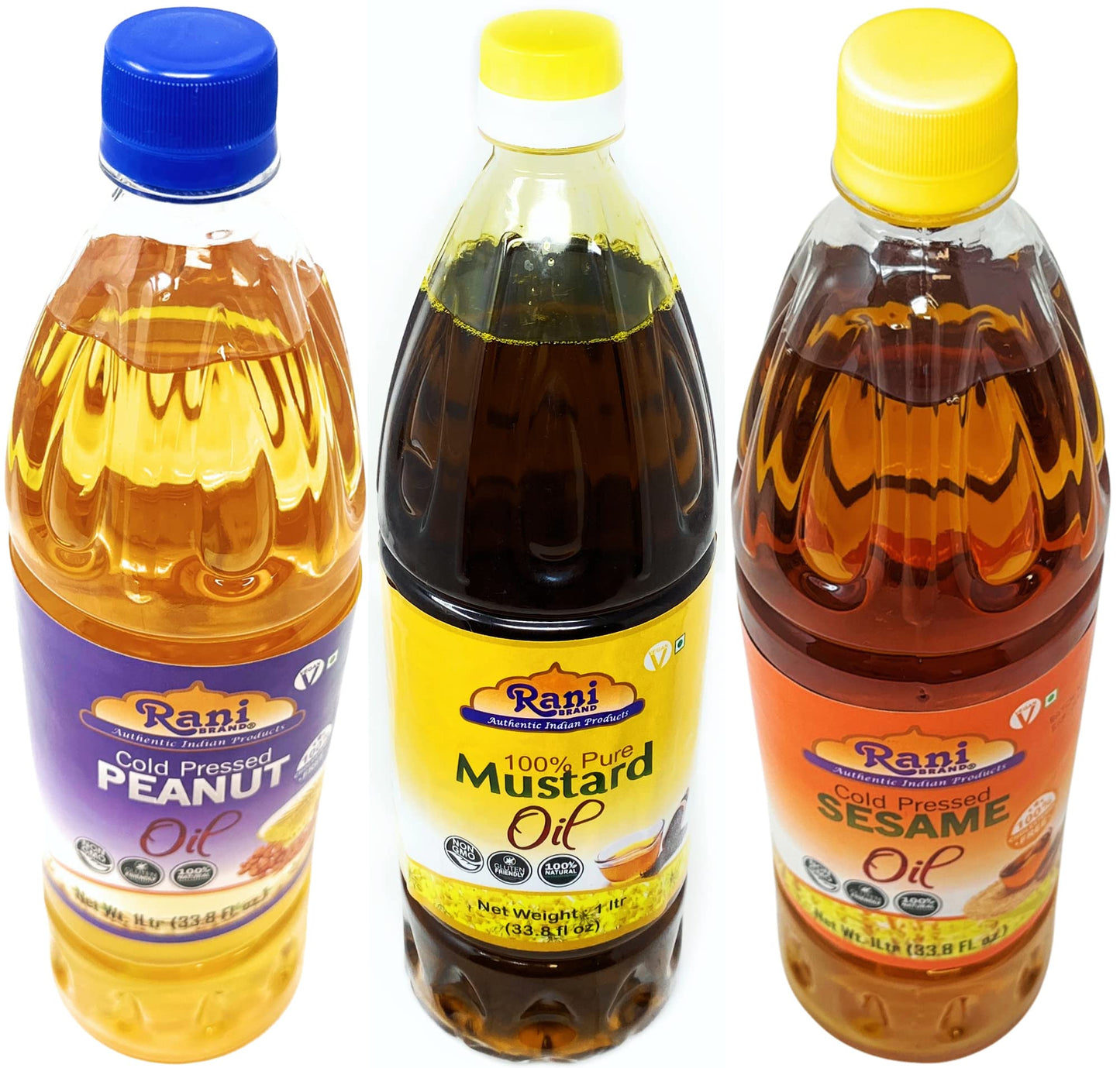 Rani Premium Oils Combo Set Of 3 - Peanut Oil, Mustard Oil, Sesame Oil 33.8 Ounce (1 Liter) ~ Cold Pressed | 100% Natural | Kosh