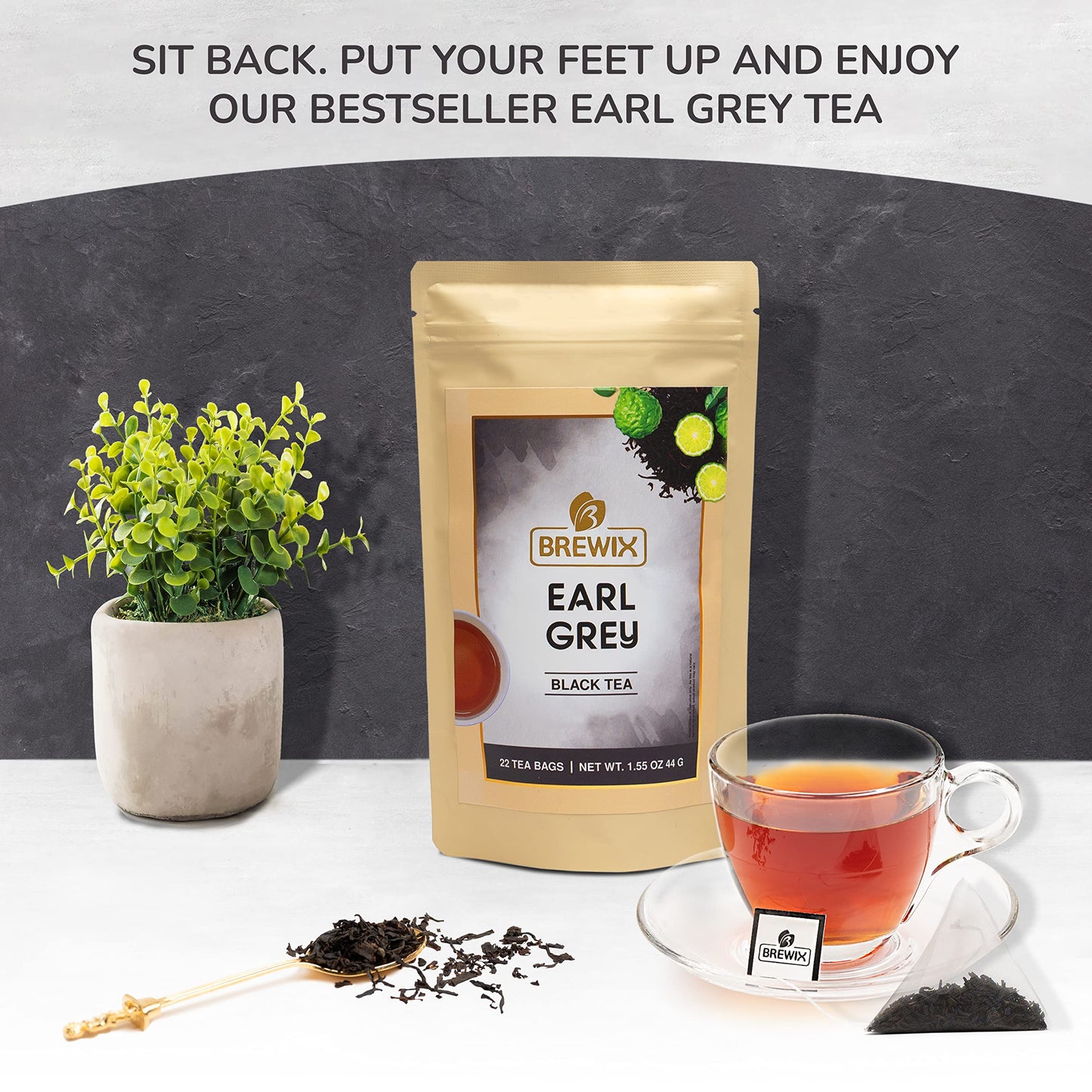 Brewix, Earl Grey Tea Bags (22 Pyramid Tea Bags) Long Leaf Indian Black Tea With Bergamot, Packed In Resealable Ziplock Pouch |