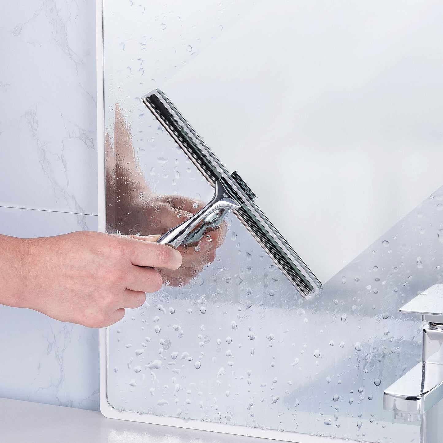 Ettori Shower Squeegee Clear Glass Wall Cleaner Stainless Steel With Suction Storage Hook -10'', Chrome