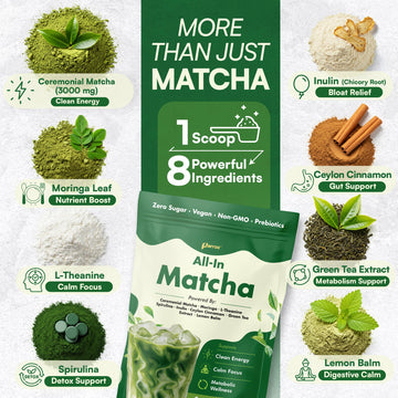 Ceremonial Grade Matcha Powder Infused with Moringa Green Tea Extract L-Theanine Inulin Spirulina Ceylon Cinnamon and Lemon Balm - 100% First Harvest Japanese Tea (30 Servings)