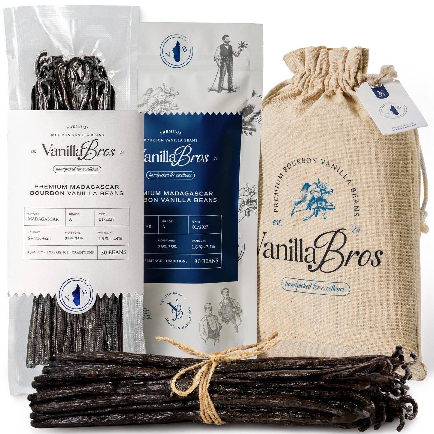 Vanillabros Madagascar Flavor Blend Vanilla Beans (30 Whole Pods High Standard 6.3-8.3 In) | High Vanillin 1.6-2.4% | Gourmet Bulk Pack | Oily & Aromatic | For Baking Desserts & Homemade Vanilla Extract