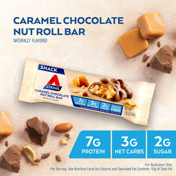 Atkins Caramel Chocolate Nut Roll Snack Bar, Protein Snack, High In Fiber, 2G Sugar, 16 Count