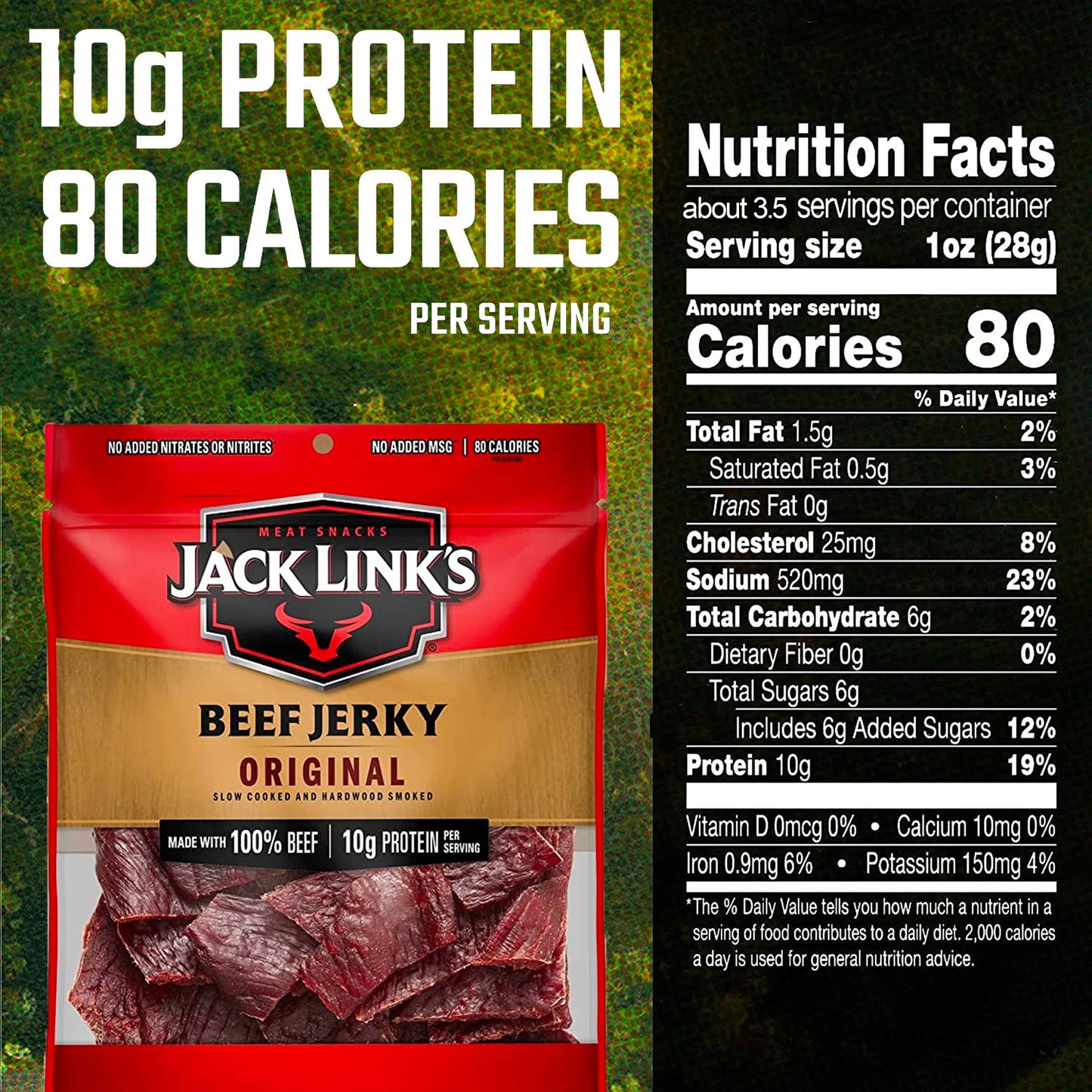 Jack Link'S Beef Jerky, Original - Flavorful Meat Snack For Break Rooms, 10G Protein And 80 Calories, Made With 100% Beef - No A