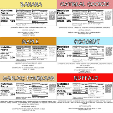 Crazy Go Nuts Walnuts Sampler 6-Pack - Banana, Buffalo, Coconut, Garlic Parmesan, Maple, and Oatmeal Cookie - Healthy Snacks, Gl