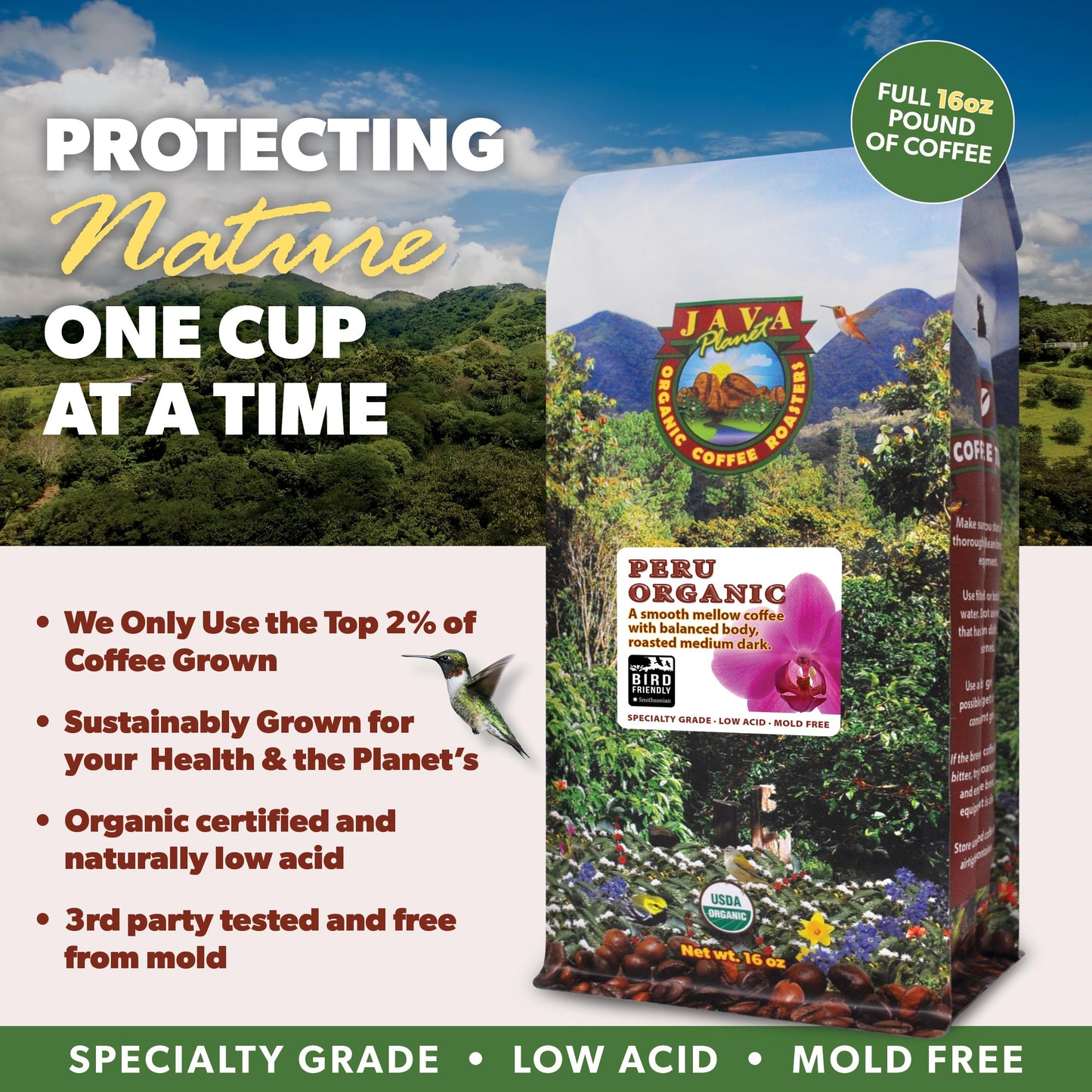 Java Planet Organic, Peru Single Origin Medium Dark Roast, Smooth Full Flavored Organic Coffee Beans, Low Acid, Whole Bean Coffe