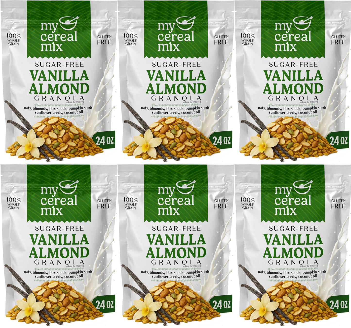 MyCerealMix Sugar Free Vanilla Almond Granola - 6 Pack (144oz Total) - Vegan, Gluten Free - Diabetic Friendly Breakfast Cereal -