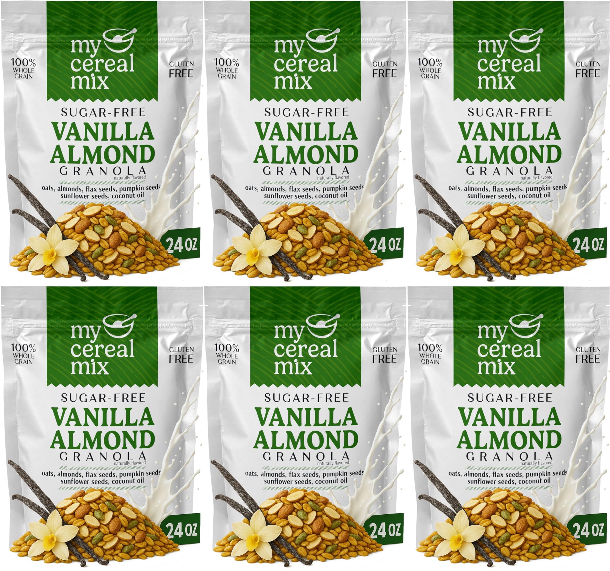 MyCerealMix Sugar Free Vanilla Almond Granola - 6 Pack (144oz Total) - Vegan, Gluten Free - Diabetic Friendly Breakfast Cereal -