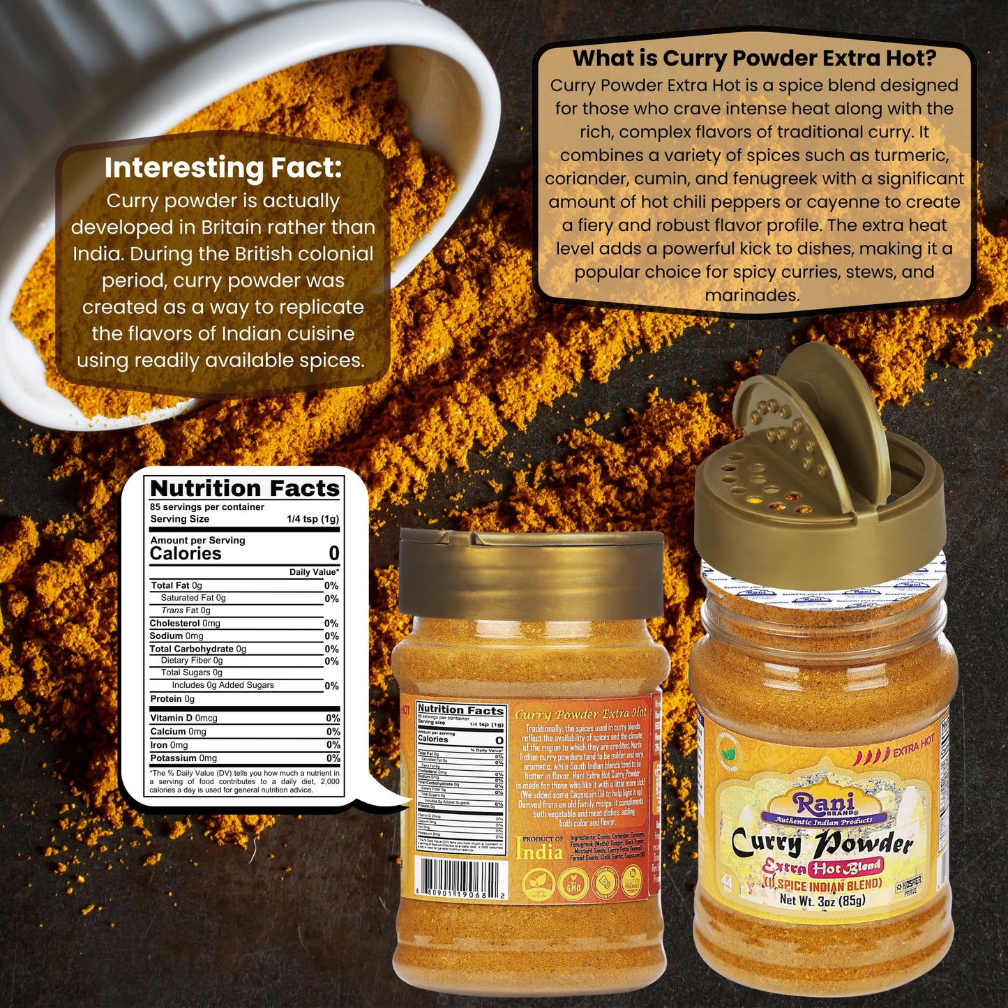 Rani Curry Powder Extra Hot (11-Spice Authentic Indian Blend) 3Oz (85G) Pet Jar ~ All Natural | Salt-Free | Vegan | No Colors |