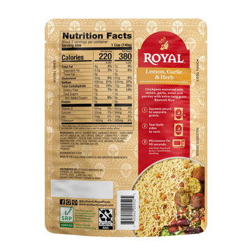 Royal Lemon, Garlic, And Herb Basmati White Rice And Chickpeas - Ready To Heat Basmati Rice - (6 Pack) 8.5 Oz Microwaveable Pouc