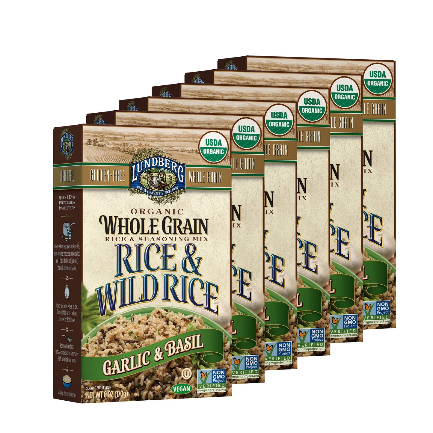 Lundberg Family Farms - Organic Whole Grain Rice & Wild Rice, Garlic & Basil, Side Dish, Pantry Staple, 100% Whole Grain, Non-Gmo, Gluten-Free, Usda Certified Organic, Vegan, Kosher (6 Oz, 6-Pack)
