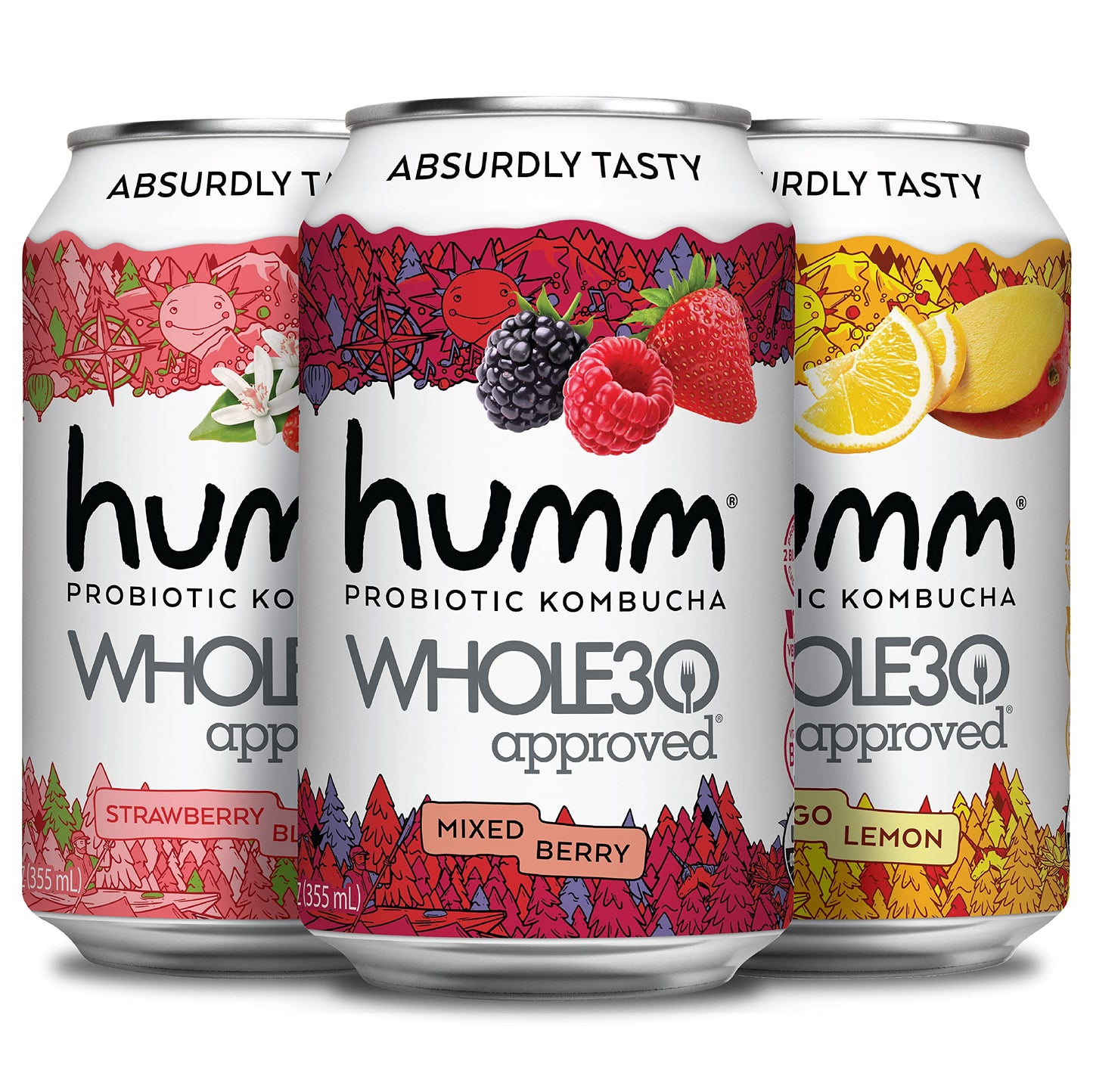 Humm Whole30 Approved Kombucha Variety Pack - Mango Lemon, Mixed Berry, Strawberry Blossom - Organic, Vegan & Gmo-Free (12 Pack)