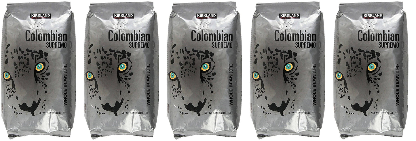Kirkland Signature Colombian Supremo Whole Bean Coffee, 3 Pound (5 Pack)