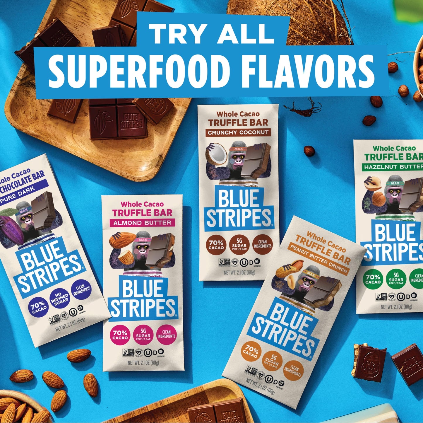 Blue Stripes - Pure Dark Whole Cacao Chocolate Bars, 70% Cacao Bar, Healthy Chocolate, Vegan, No Refined Sugar, Non GMO, Gluten