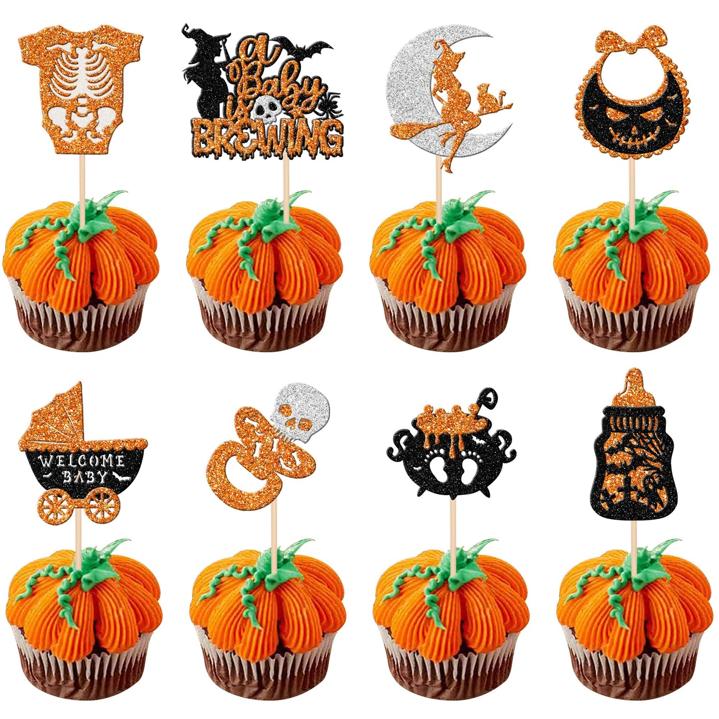 32 Pcs Halloween Baby Shower Cupcake Toppers Glitter Welcome Baby Carriage Bottle A Baby Is Brewing Cupcake Picks For Halloween Theme Baby Shower Birthday Party Cake Decorations Supplies Orange
