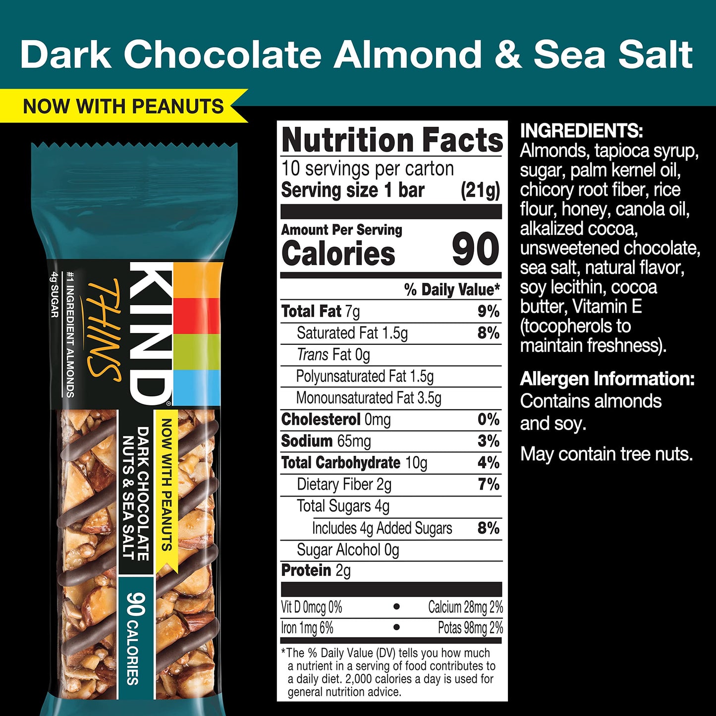 KIND THINS Dark Chocolate Nuts & Sea Salt Bars, 0.74 Ounce, 10 Count, Gluten Free Snacks, 4g Sugar (60 Bars)