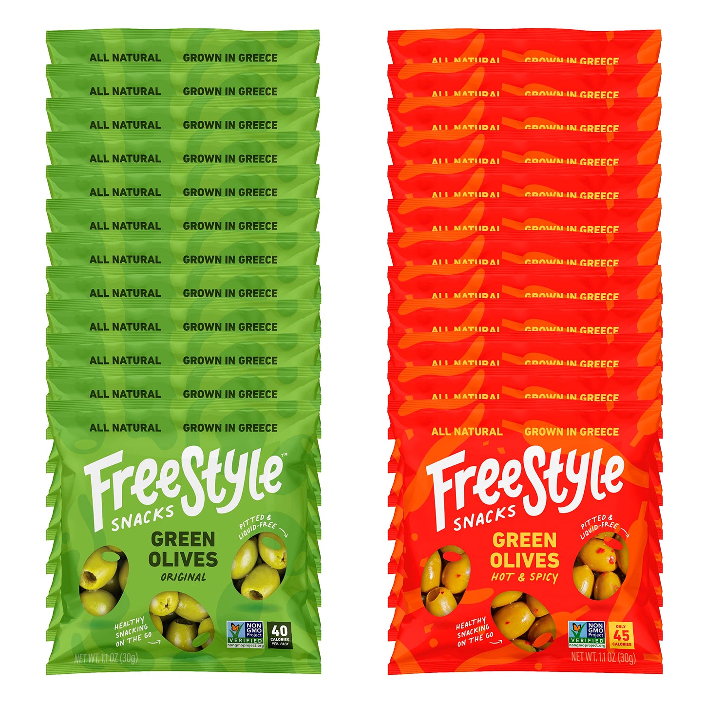 Freestyle Snacks Olive Snack Packs - Single Serve - Fresh Pitted Green Olives Jumbo-Sized Grown In Greece All Natural Non-Gmo Paleo Sugar-Free Keto Salty Snack - Variety 1.1Oz (24 Pack)