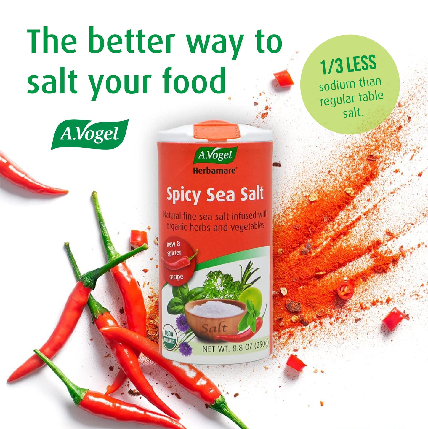 A. Vogel Herbamare Seasoned Spicy Sea Salt - USDA Organic - Seasoning Salt Infused w/ 12 Herbs - 33% Less Sodium - Non-GMO -Glut