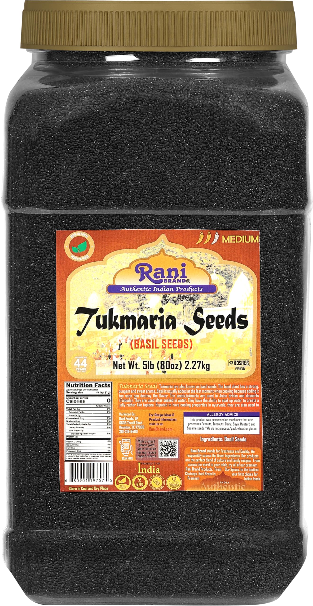 Rani Tukmaria (Holy Basil Seeds) 80Oz (5Lbs) 2.27Kg Pet Jar Used For Falooda / Sabja Dessert Spice & Ayurveda Herbal ~ All Natural | Gluten Friendly | Non-Gmo | Kosher | Vegan | Indian Oriflavor Blend