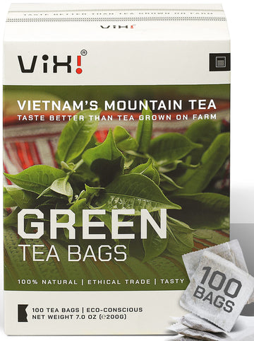 Vixi Green Tea Bags, 100 Counts, Vietnam'S Mountain Tea, Antioxidant, Caffeinated, Tagless, Plastic Free, Balanced Flavored, 100