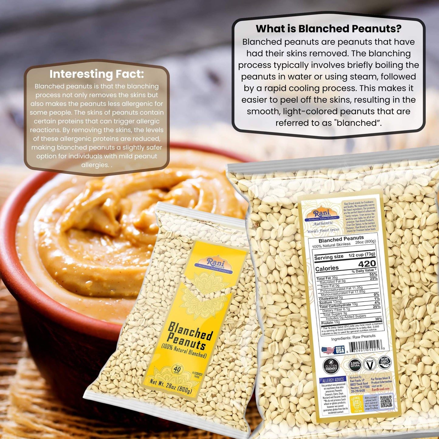 Rani Peanuts Skinless (Blanched, Uncooked) 28Oz (1.75Lbs) 800G ~ All Natural | Vegan | Gluten Friendly | Kosher | Fresh Product Of Usa ~ Spanish Grade Groundnuts