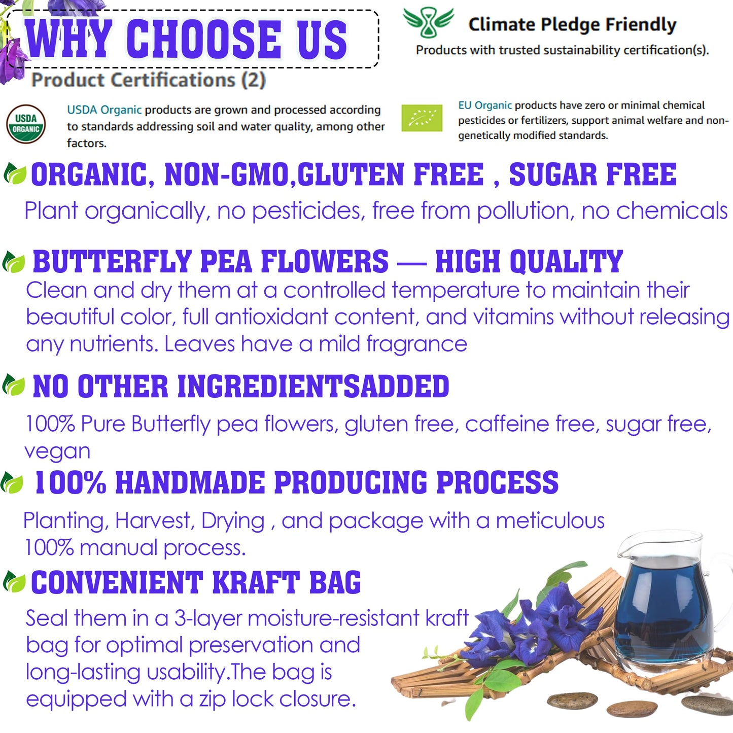 Keyxe - Organic Butterfly Pea Flowers Tea Bags 100% Certified Organic And Pure From Butterfly Pea Flower Dried Herbal Flower Tea For Relaxation Mocktails And Natural Food Coloring Energy Blend-Free Sugar-Free Non-Gmo- ( 30 Teabags )
