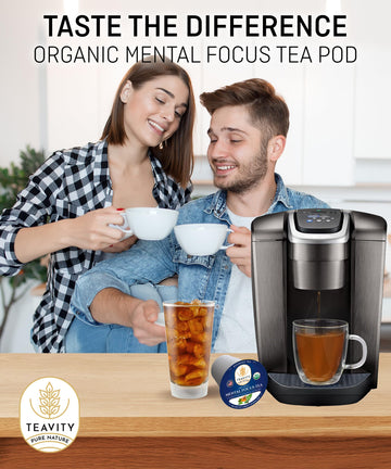 Teavity Organic Mental Focus Tea Pods (24 Count) - Moringa, Peppermint, Holy Basil & Turmeric - Naturally Decaf - Keurig Compati
