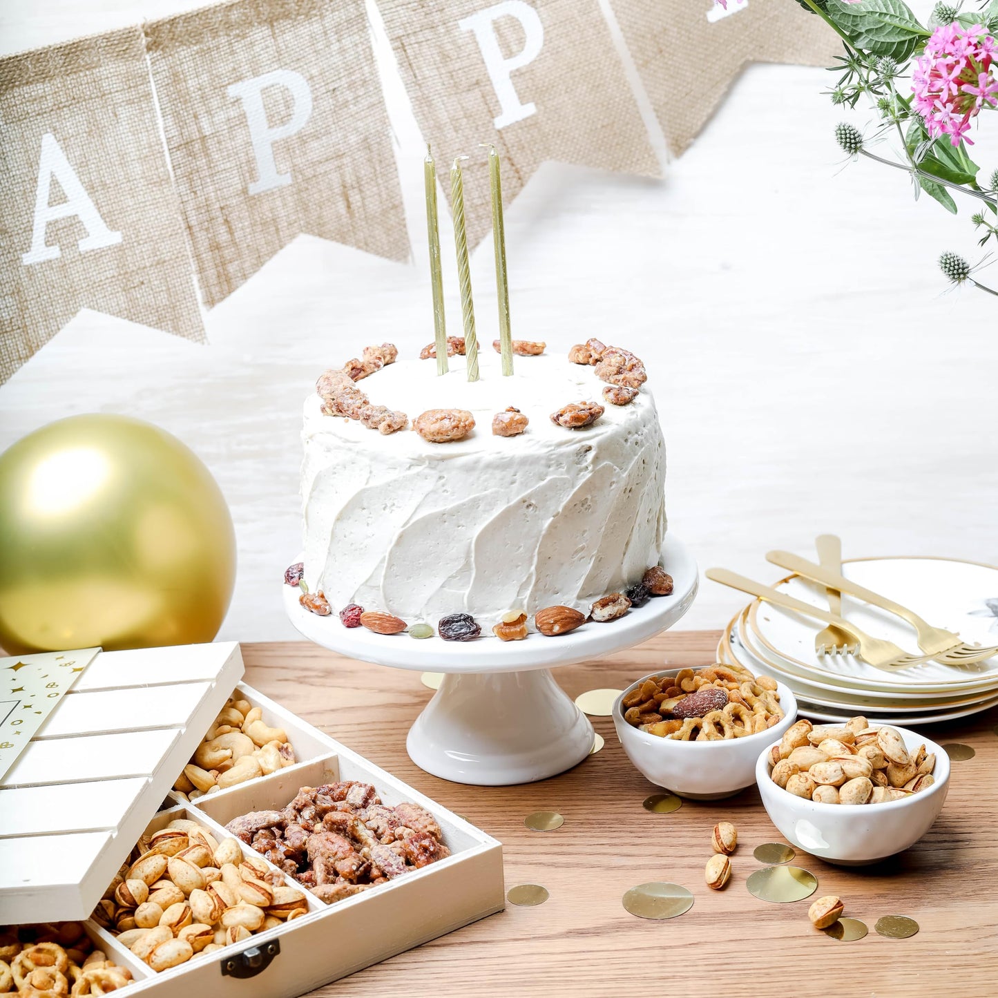 BONNIE AND POP Happy Birthday Food Gift Basket, 6 Piece Assortment, Gourmet Snack in Wooden Crate