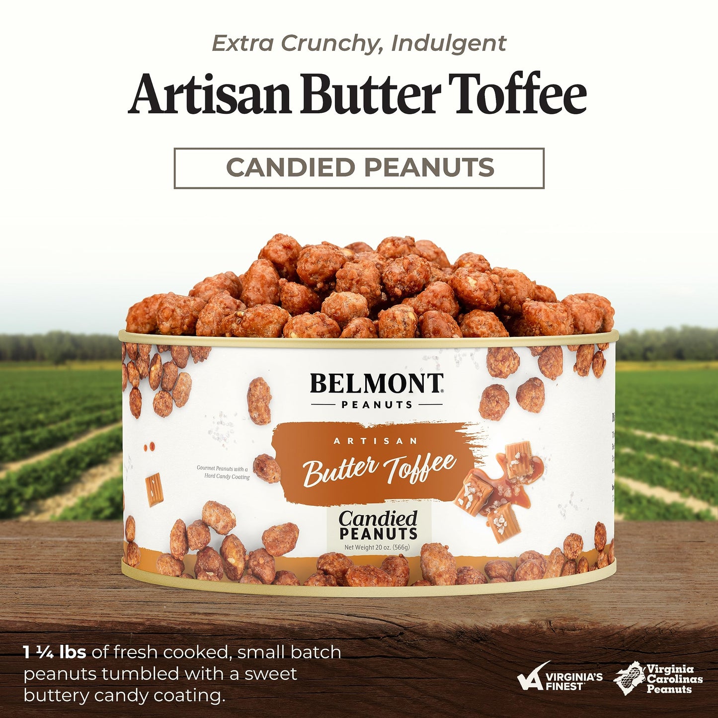 Belmont Peanuts Gourmet Butter Toffee Candied Peanuts, 20 Oz (1 Pack) – Only 4 Ingredients, No Preservatives, 3G Protein – A Premium, Sweet, Buttery, Salty, Crunchy, Hand Seasoned Snack