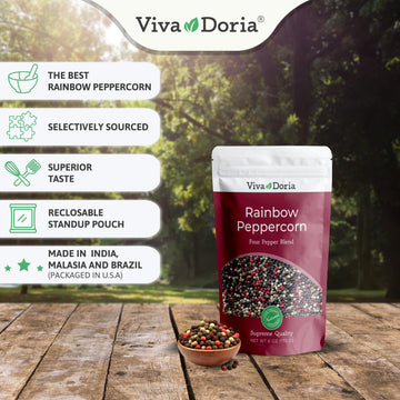 Viva Doria Rainbow Peppercorns - Four Peppercorn Blend, Whole Black, Green, Pink and White Pepper, Steam Sterilized 6 Oz, For Gr