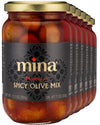Mina Spicy Olive Mix, 12.5 oz (Pack of 6) - Premium Handpicked Moroccan Olives with Red Chili Pepper Harissa, Keto Friendly Spic