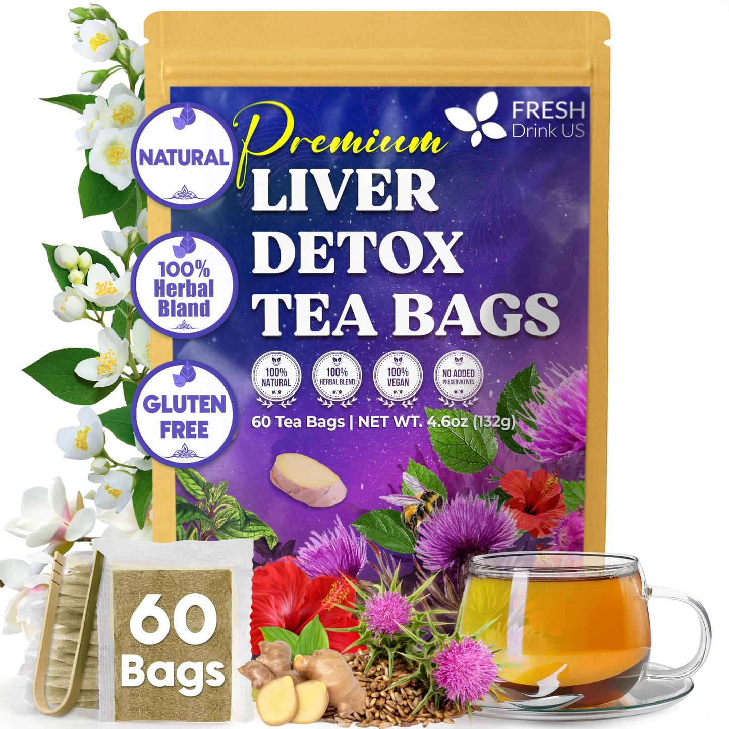 Freshdrinkus Top-Grade Liver Detox Tea Bags | 60 Count | Eco-Conscious Corn Fiber Tea Bags | Ayurvedic Stomach Relief & Liver Support | Vegan Energy Blend Free Kosher