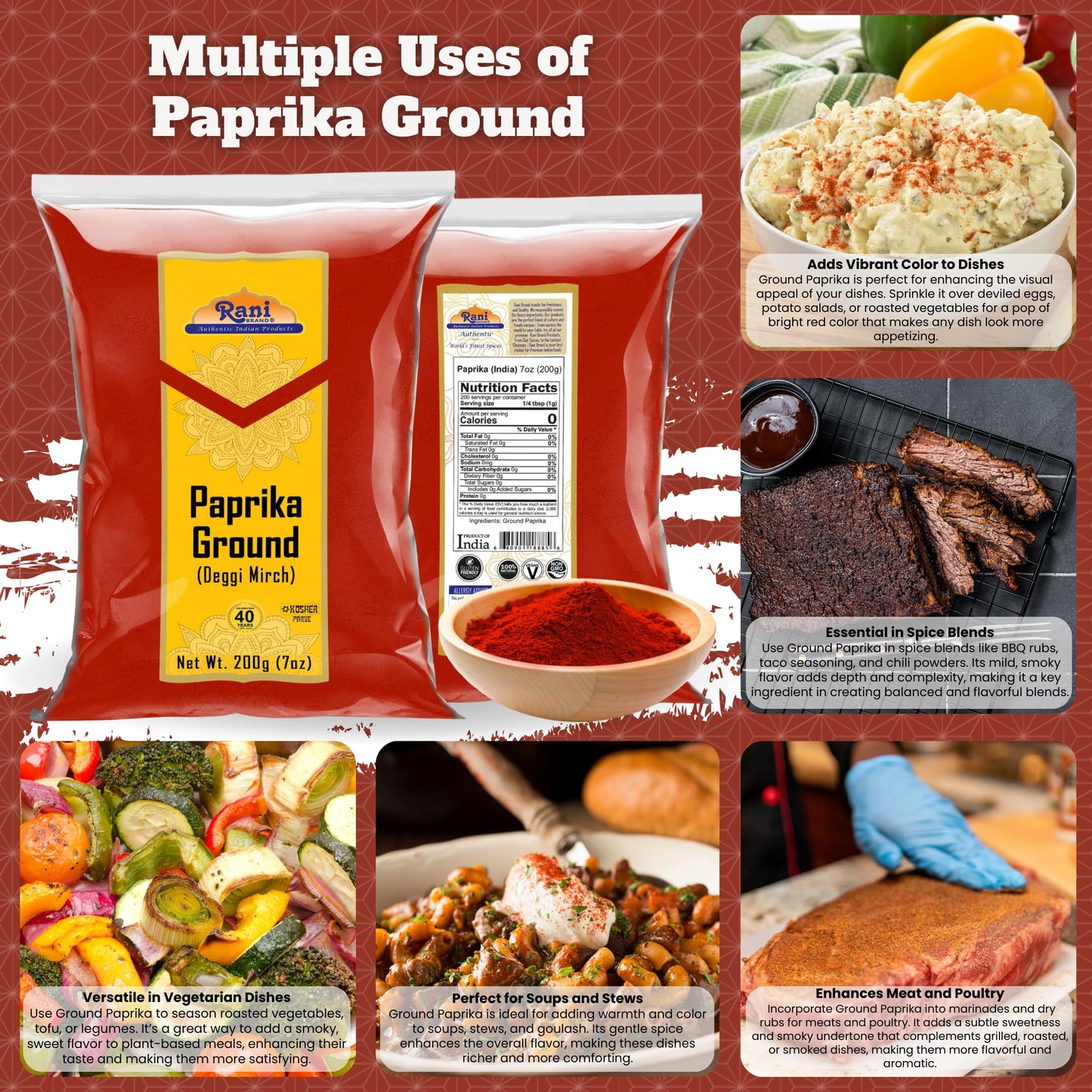 Rani Paprika (Deggi Mirch, Low Heat) Spice Powder, Ground 7Oz (200G) ~ All Natural, Salt-Free | Vegan | No Colors | Gluten Frien