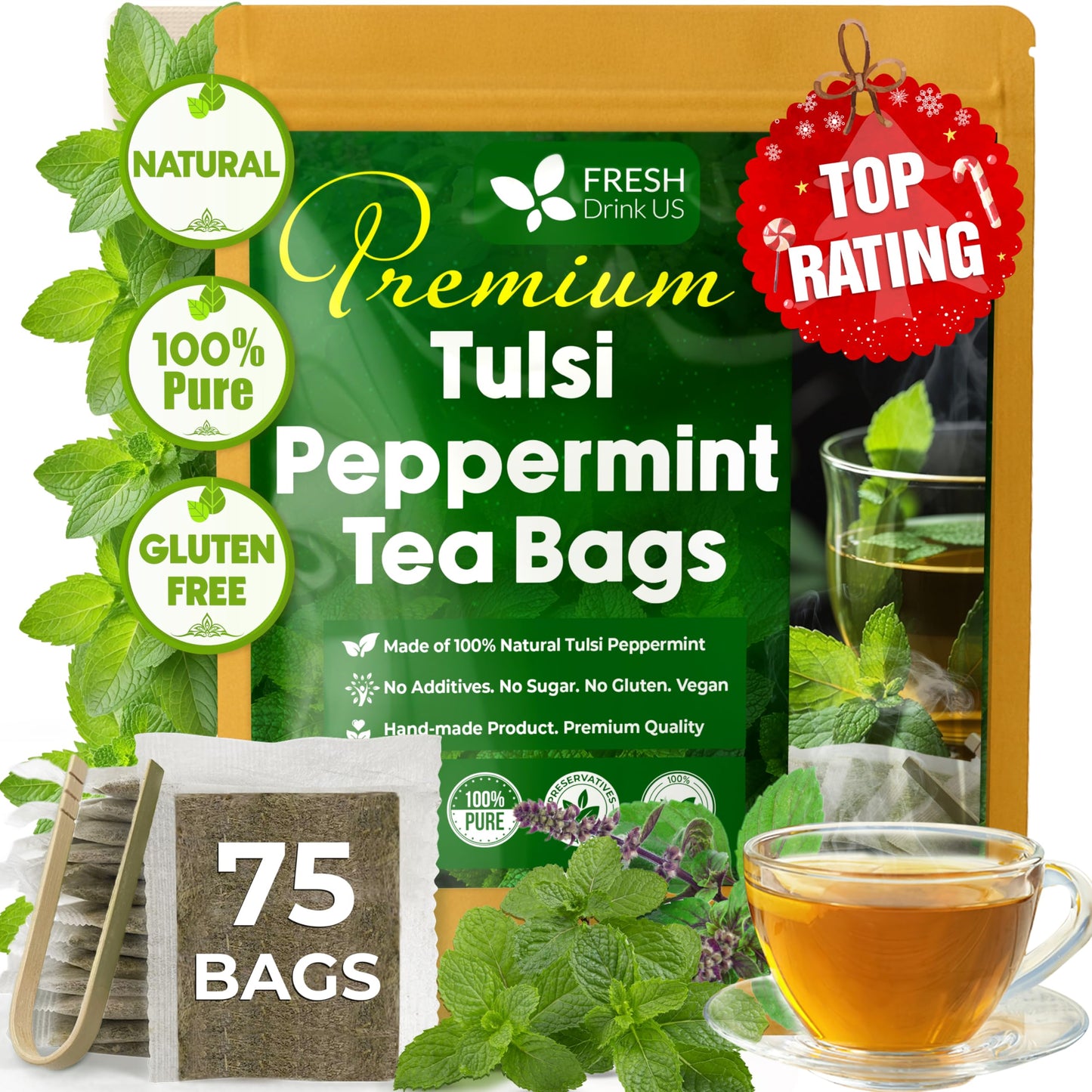 Freshdrinkus Top-Grade Tulsi Peppermint Herbal Tea - 75 Tea Bags 100% Natural Blend Of Tulsi Holy Basil Leaves And Peppermint Leaves. Made With Natural Material Tea Bags. No Sugar Vegan.