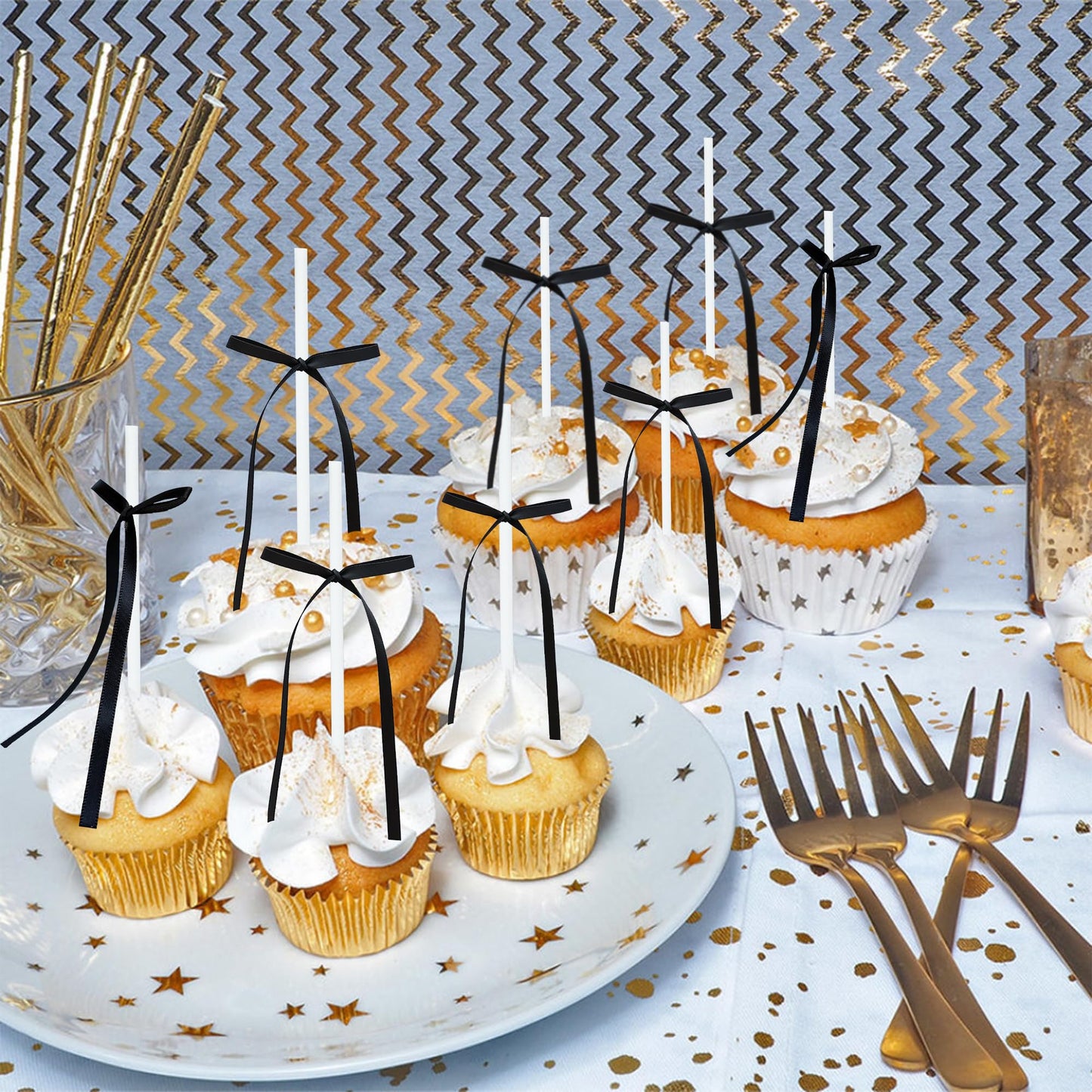 Gyufise 30 Pcs Bowknot Cake Toppers, Black, 2.9x5.7, Baby Shower & Birthday Party Decorations