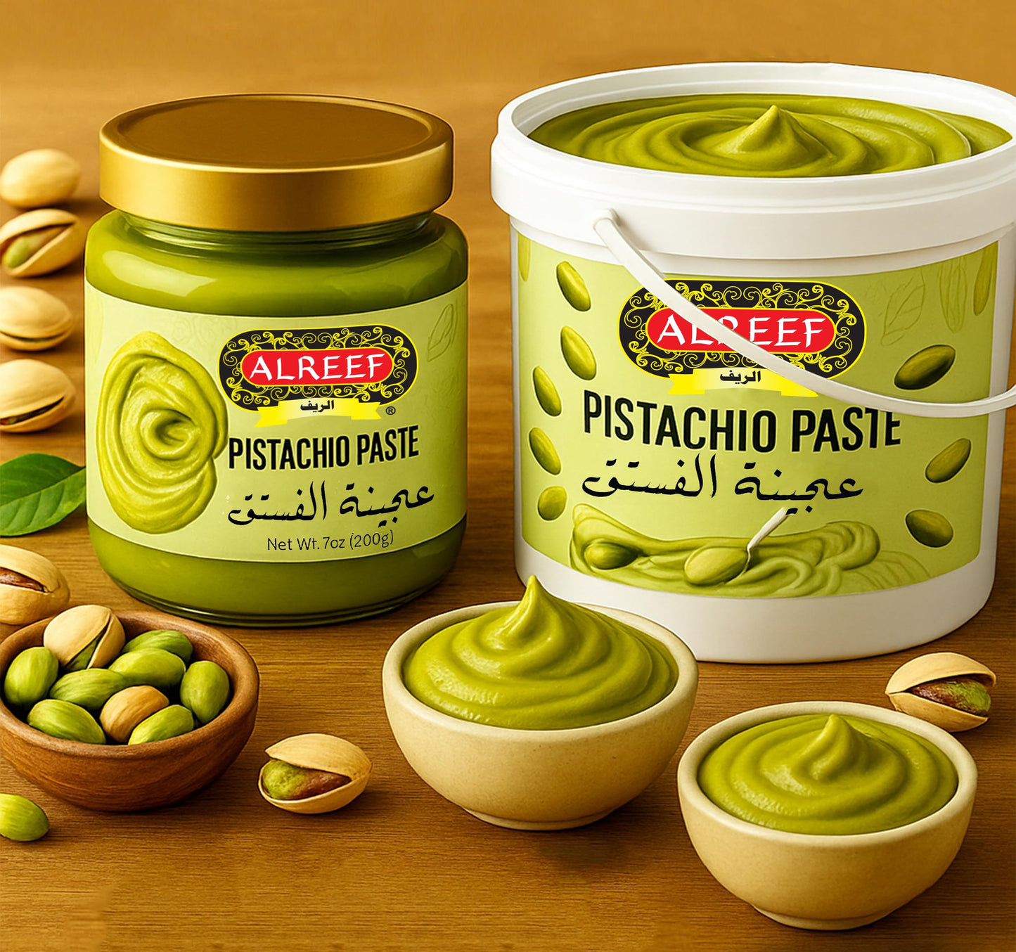 Alreef Pistachio Paste, Sweet Spreadable Cream, 7 oz (200g), Light Green, Perfect for Knafeh and Chocolate Bars, Non-GMO