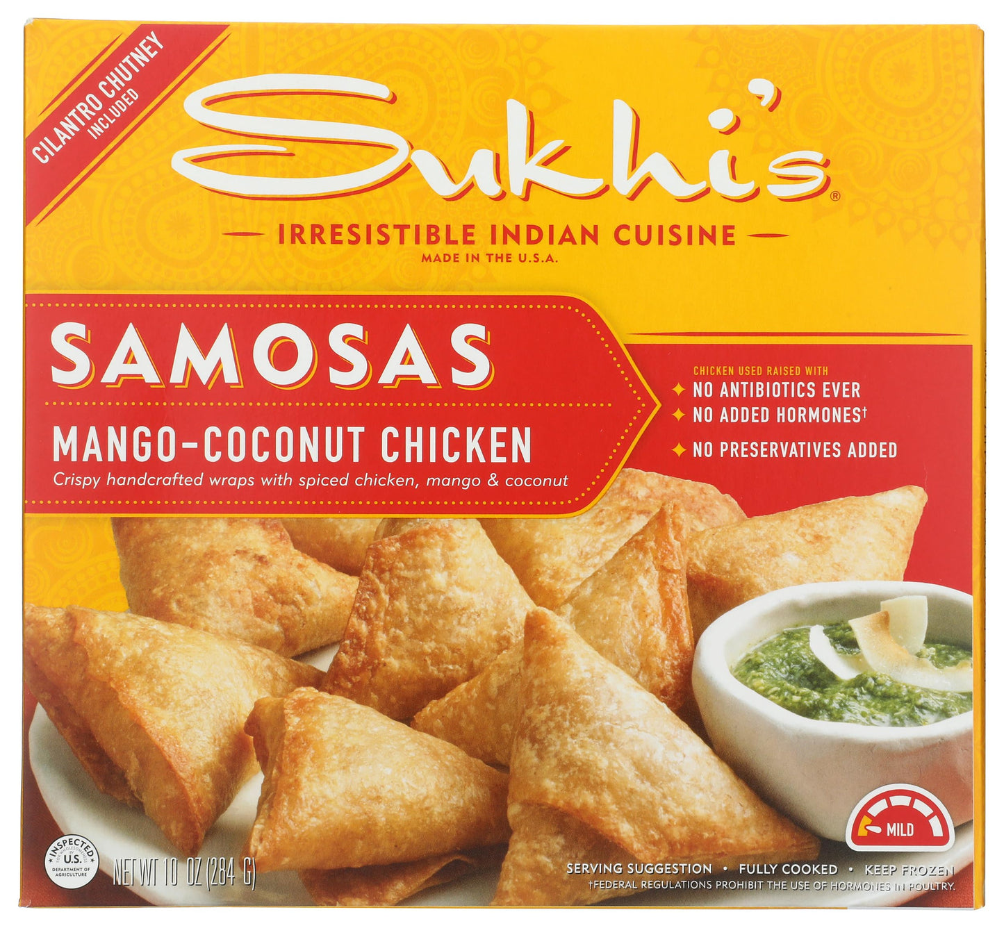Sukhis Indian Mango Coconut Chicken Samosa Frozen Appetizer Snack with Cilantro Chutney Dipping Sauce 10oz