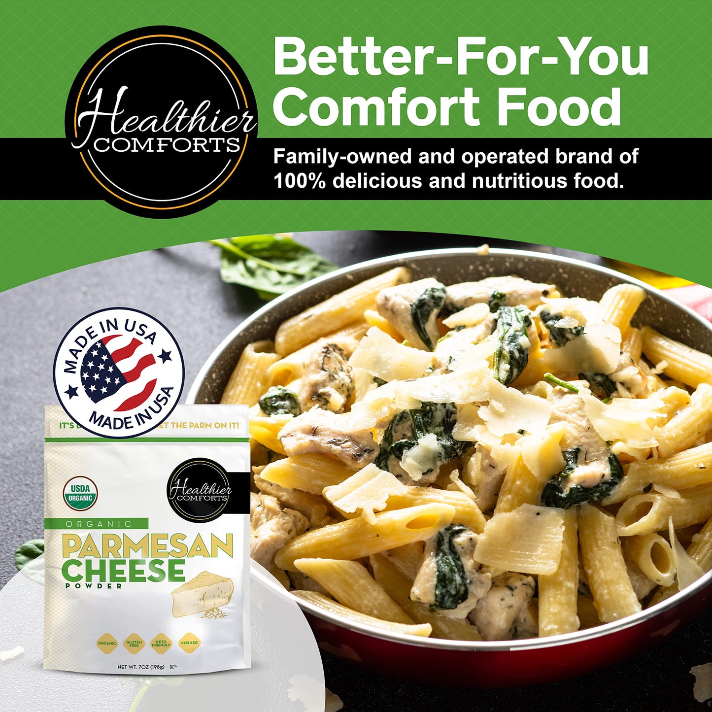 Healthier Comforts Organic Parmesan Cheese Powder, Kosher, Non-Gmo, Chemical Free, Gluten Free, Keto Friendly, From Cows Raised Free Of S Or S (Rbgh Or Rbst) (7 Ounce (Pack Of 1), Organic Parmesan)