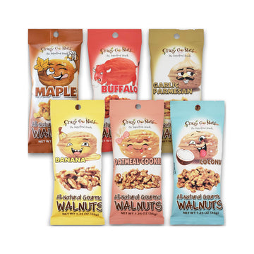 Crazy Go Nuts Walnuts Sampler 6-Pack - Banana, Buffalo, Coconut, Garlic Parmesan, Maple, and Oatmeal Cookie - Healthy Snacks, Gl