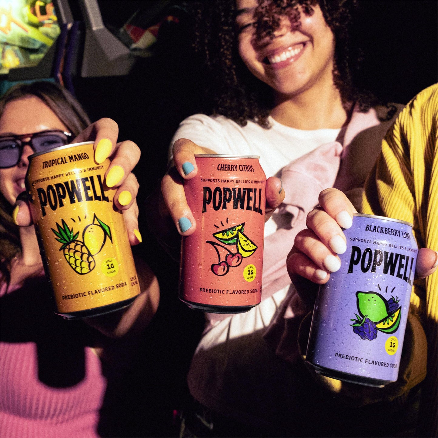 Popwell Prebiotic Soda Variety Pack, 12 Fl Oz (Pack of 12), 6g Fiber, 1g Sugar, Immunity Support, Blackberry Lime, Cherry Citrus, Tropical Mango