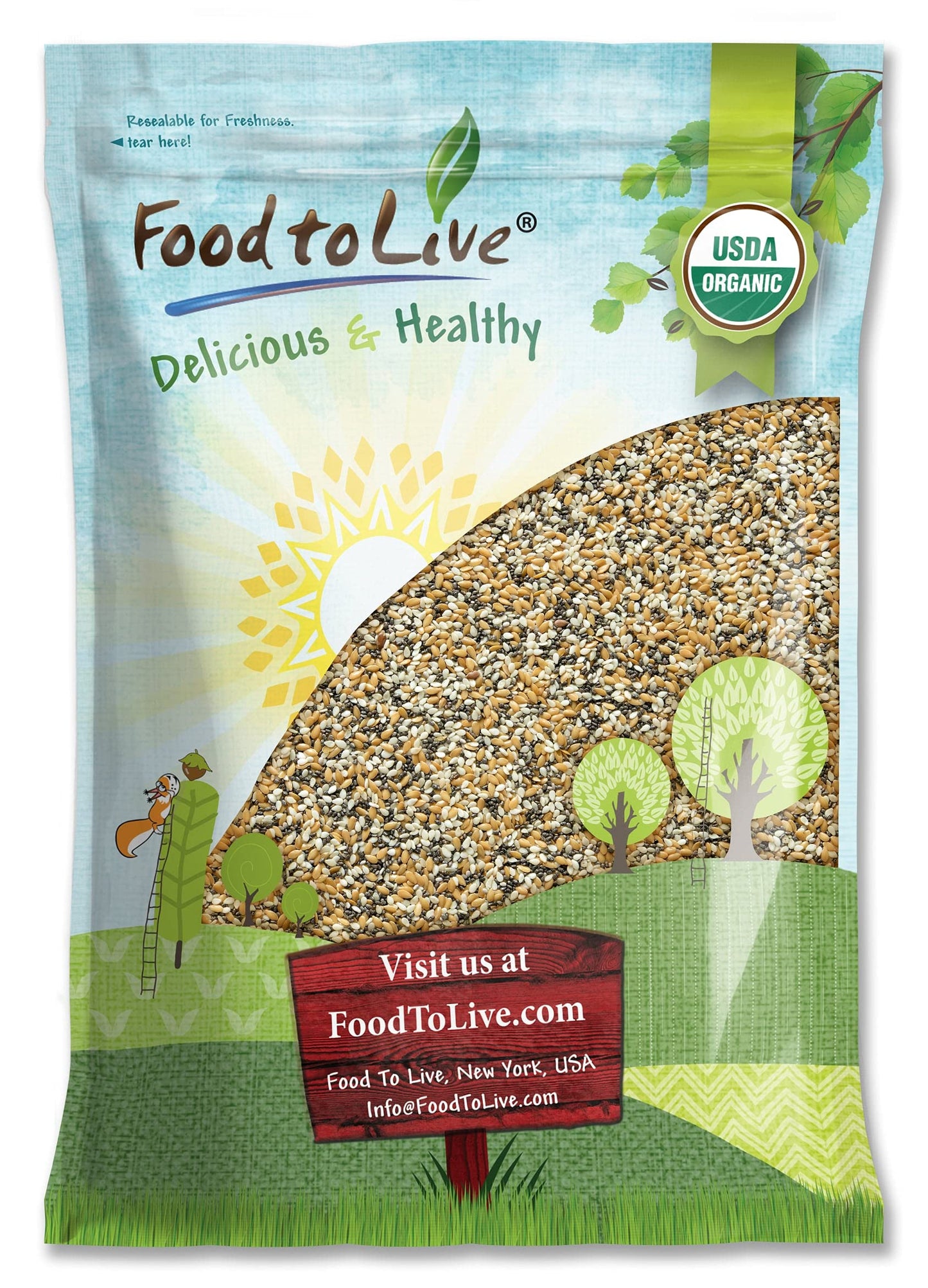 Food to Live Organic Omega-3 Seeds Mix with Flax, Chia and Sesame, 10 Pounds Non-GMO Whole Seeds, Raw, Kosher, Vegan. Rich in Om