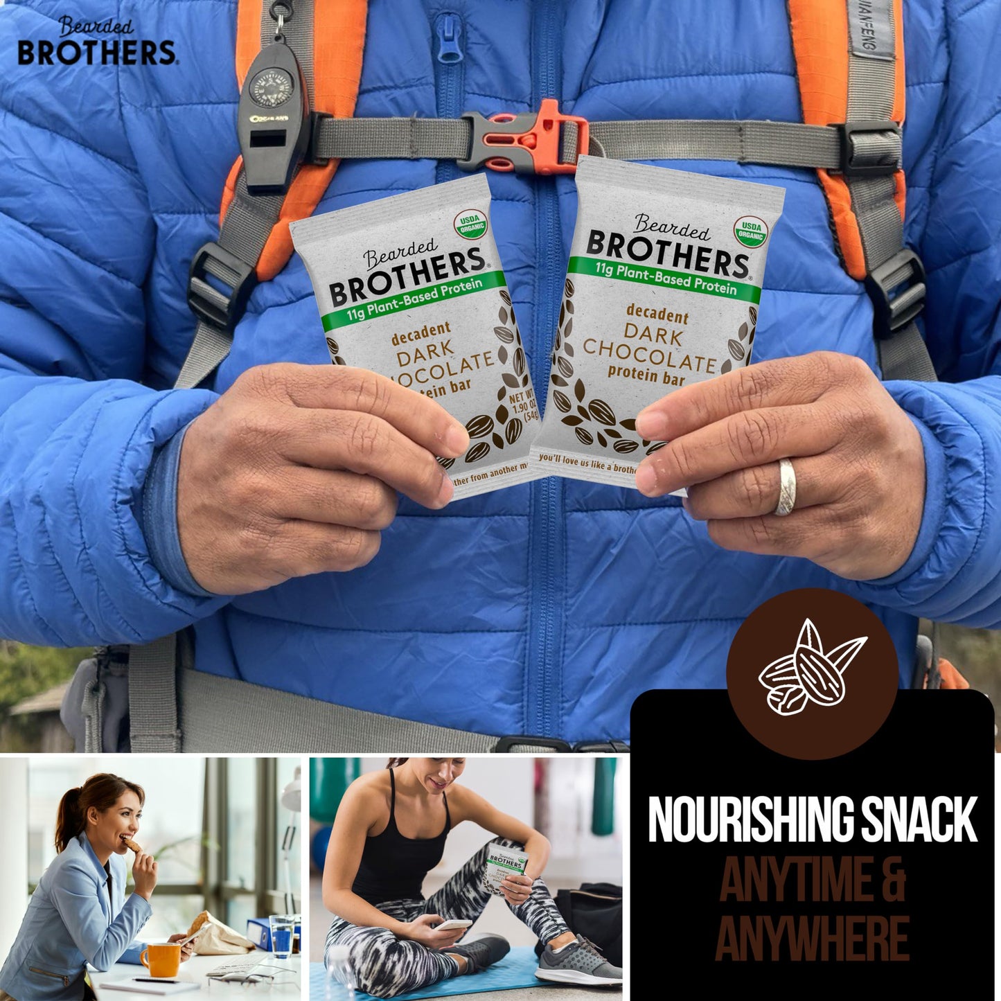 Bearded Brothers Organic Protein Bars, Dark Chocolate (10 Pack) - 11G Of Plant Based Protein Gluten Free Vegan, Non-Gmo Healthy Snacks For Mature-Themeds Good Source Of Fiber