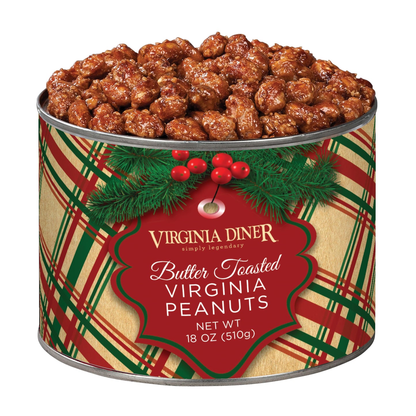 Virginia Diner Holiday Plaid - Butter Toasted Virginia Peanuts, 18 Ounce Tin, Butter Toffee Peanuts