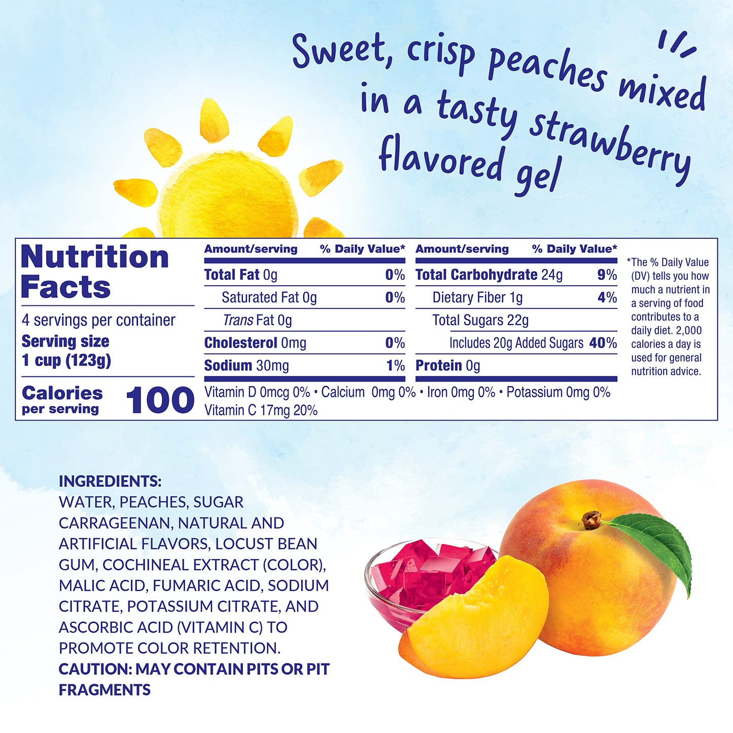 Dole Fruit Bowls Peaches in Strawberry Flavored Gel Snacks, 4.3oz 24 Total Cups, Gluten & Dairy Free, Bulk Lunch Snacks for Kids