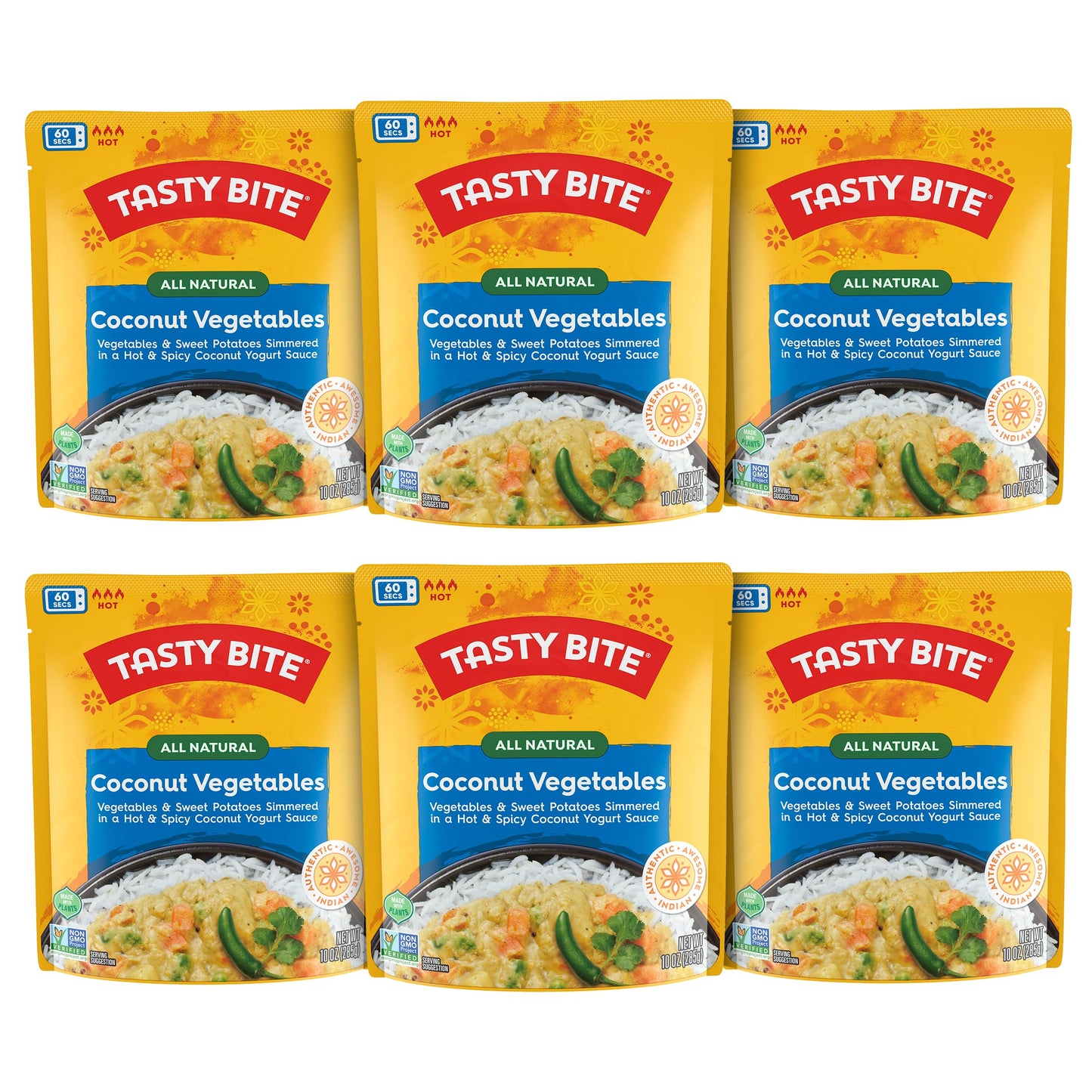 Tasty Bite Hot & Spicy Coconut Vegetables, 10 Ounce, Pack of 6, Ready to Eat, Microwavable Entree, Vegetarian, Packaging May Var