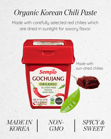 SEMPIO Organic Gluten-Free Gochujang - Korean Red Chili Pepper Paste, Spicy & Sweet Sauce, 8.8 oz for Tteokbokki & Bibimbap