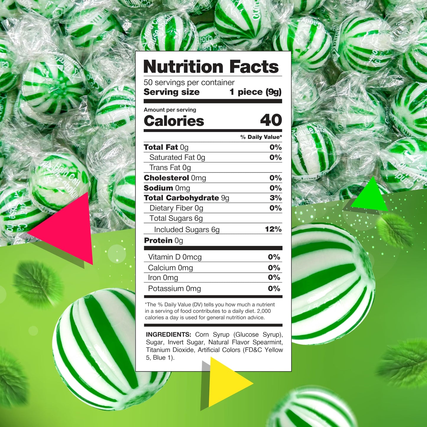 Jumbo Spearmint Balls | 1 Pound Bag | Refreshing Spearmint Hard Candy | Individually Wrapped Christmas Candy for Buffets & Office Bowls | Mint Nostalgic