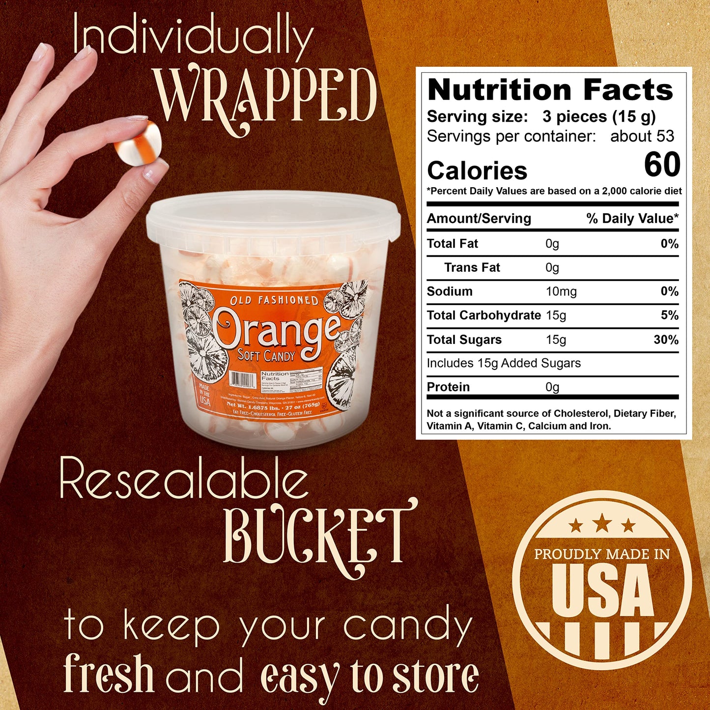 Stewart Old Fashioned Orange Candy Puffs - 27 oz Tub, Fat-Free, Gluten-Free, Pure Cane Sugar, Classic Soft/Hard Texture, Made in USA