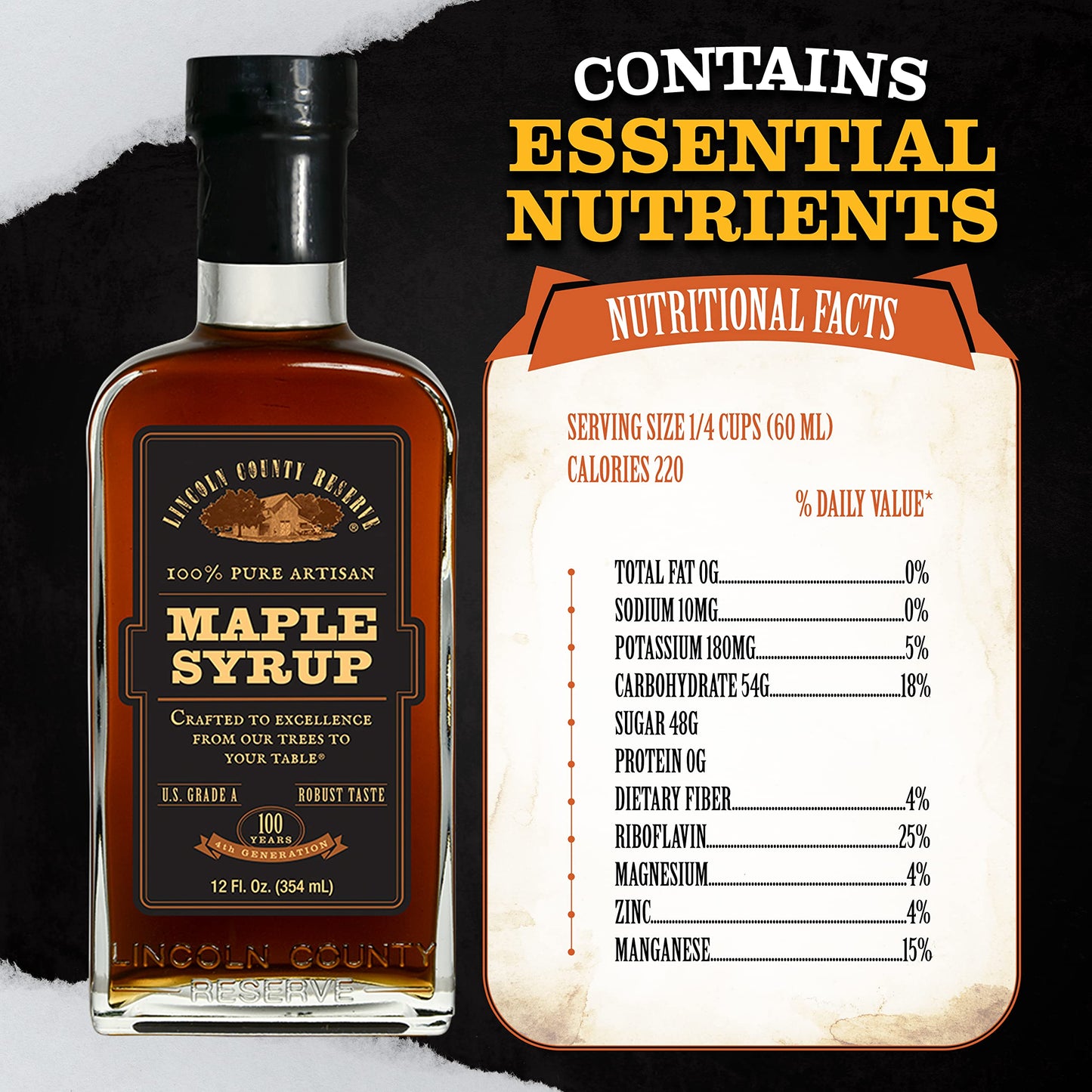 Lincoln County Reserve 100% Pure Maple Syrup, Robust Taste, 12 oz Glass Bottle, 2 Pack