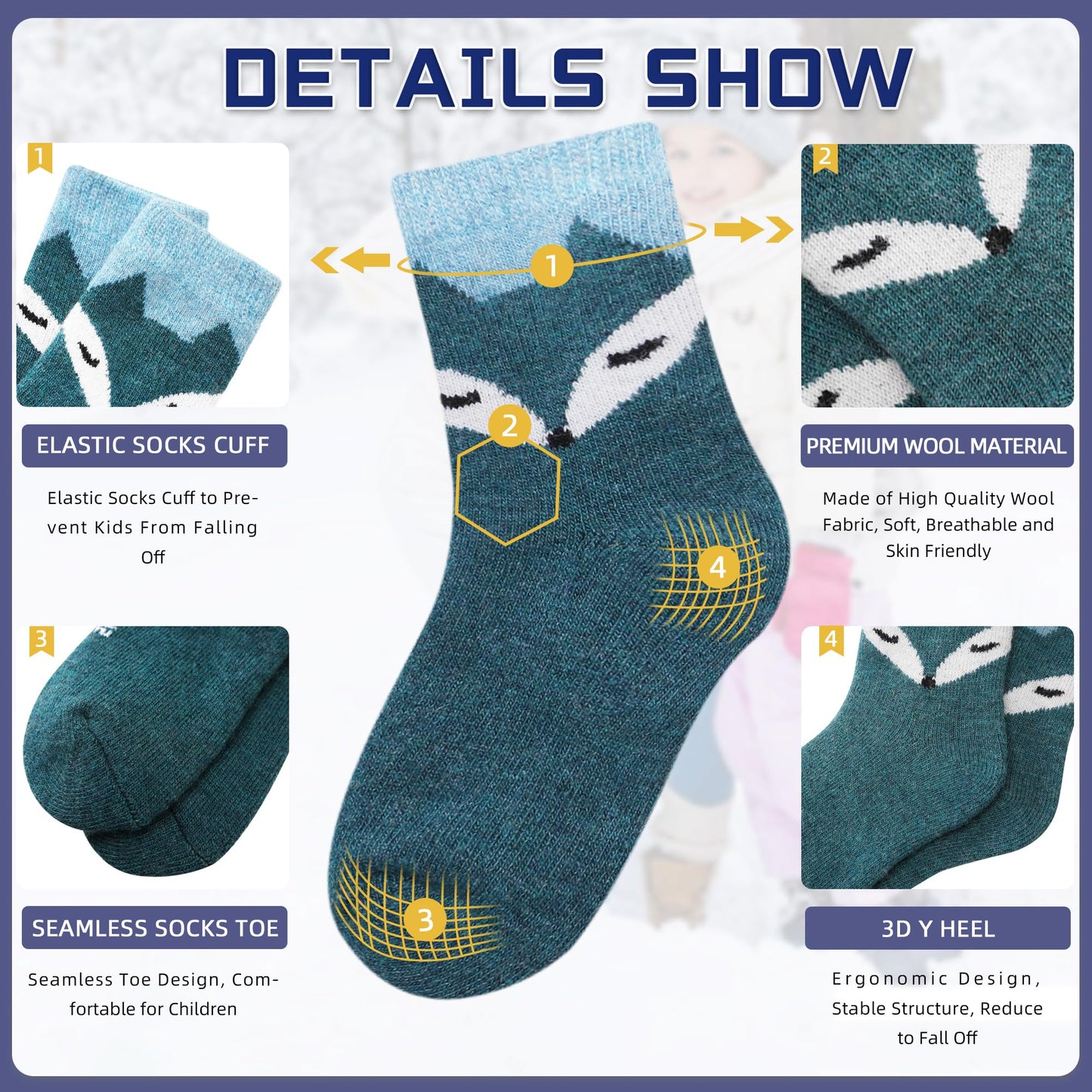 Eocom 6 Pairs Childrens Winter Warm Wool Socks Kids Toddlers Boys Girls Thermal Thick Boot Cozy Crew Socks (8-12 Years, Fox)