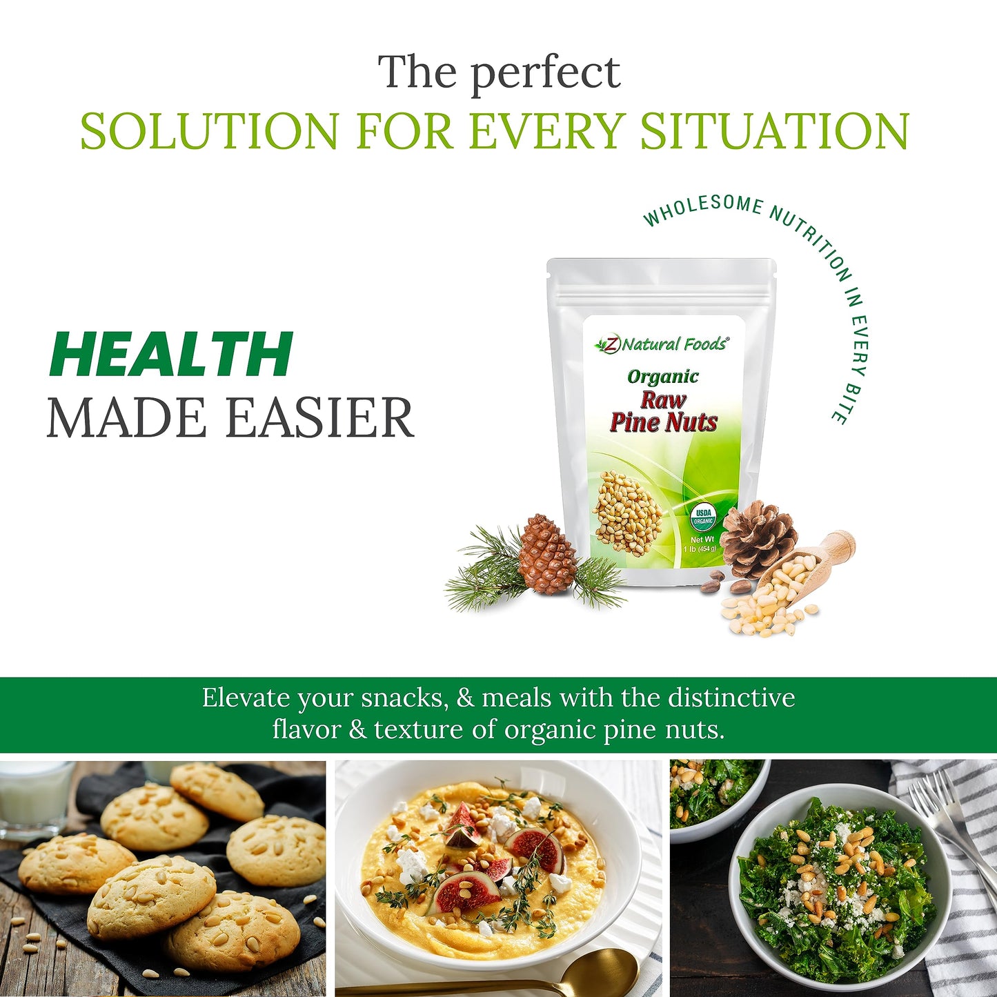 Z Natural Foods Raw Organic Pine Nuts, All Natural, 100% Pure, Vegan, Non-Gmo, Kosher, Gluten-Free Snacks, Keto-Friendly Snacks,